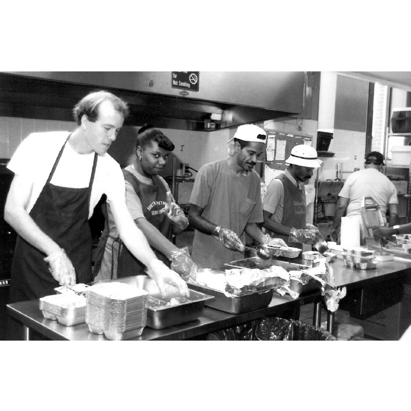 Staff preparing meals for seniors in the 1970s